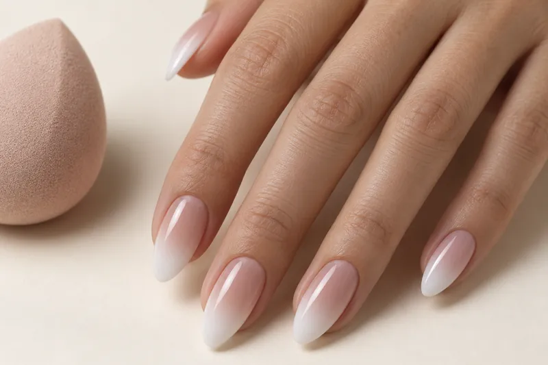 Macro de cinq ongles amande en baby boomer blanc laiteux vers rose nude, main posée sur fond ivoire uni, une éponge de maquillage à côté, lumière douce et diffuse.