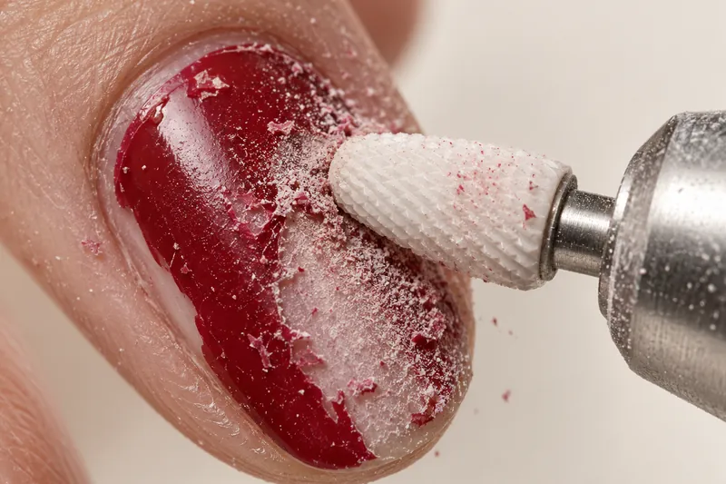 Macro très serrée d'un embout céramique de ponceuse posé à plat sur un ongle recouvert de semi-permanent rouge à moitié retiré, poussière fine visible, fond ivoire, lumière blanche nette.