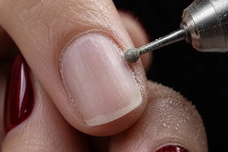 Macro d'une fraise diamant bille dans le sillon latéral d'un ongle court non verni, poussière fine visible, fond encre uni, éclairage latéral net.