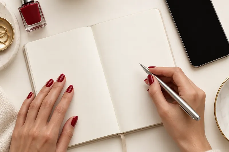 Plan zénithal d'un carnet de rendez-vous ivoire ouvert, d'un smartphone posé à côté et de mains aux ongles nude tenant un stylo, petit flacon de vernis rose en coin, lumière naturelle douce.