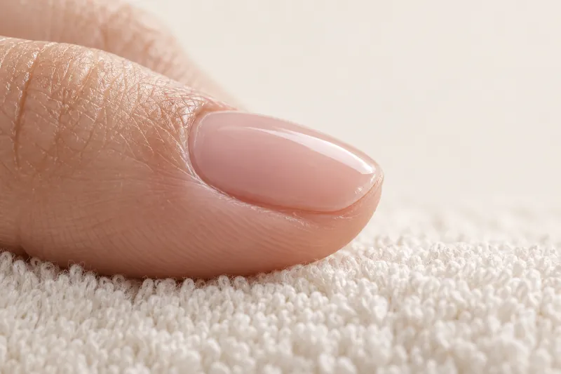 Macro de profil d'un ongle naturel court recouvert d'une rubber base rose laiteux, l'apex visible en lumière rasante, main posée sur une serviette ivoire, fond ivoire uni.