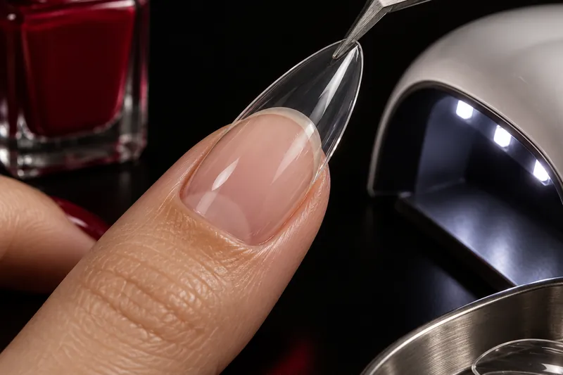 Macro d'une capsule soft gel transparente forme amande posée à 45 degrés sur un ongle naturel, une mini lampe LED à côté, fond encre uni, lumière nette.