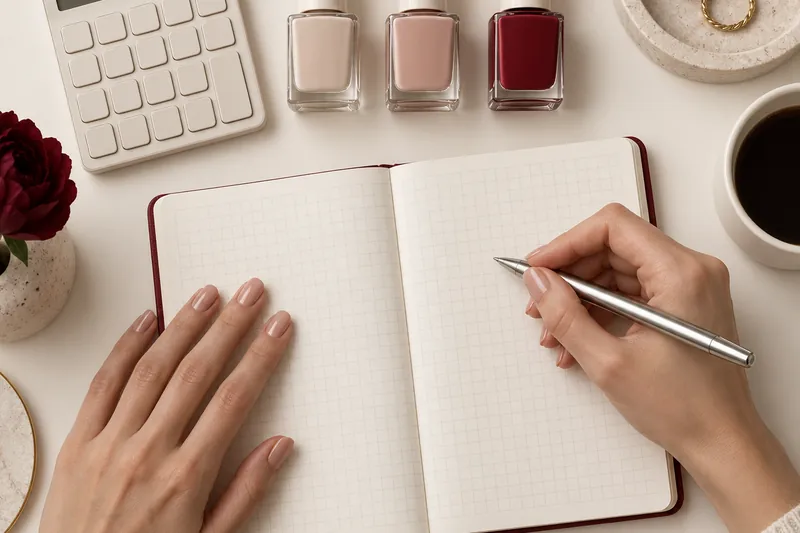 Plan zénithal d'une calculatrice, d'un carnet ivoire ouvert sur une grille vierge et de trois flacons de vernis nude alignés, mains aux ongles courts tenant un stylo, lumière naturelle douce.