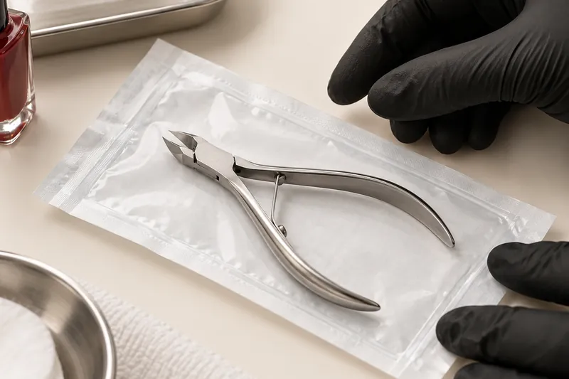 Macro d'une pince à cuticules en inox posée sur un sachet de stérilisation, à côté d'une paire de mains gantées de nitrile noir, fond ivoire uni, lumière douce de studio.
