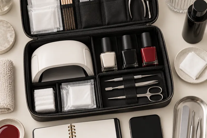 Plan zénithal d'une valise de prothésiste ouverte sur une table ivoire : lampe LED pliable, flacons alignés, pochettes de stérilisation, carnet de rendez-vous et smartphone, sans personne, lumière naturelle douce.