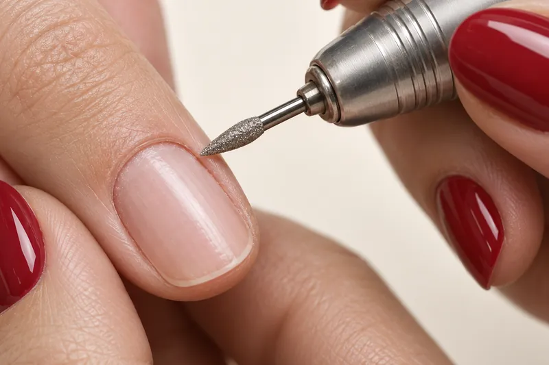 Macro très serrée d'une fraise diamant flamme posée à plat près de la cuticule d'un ongle naturel, pièce à main de ponceuse tenue comme un stylo, fond ivoire uni, lumière blanche nette.
