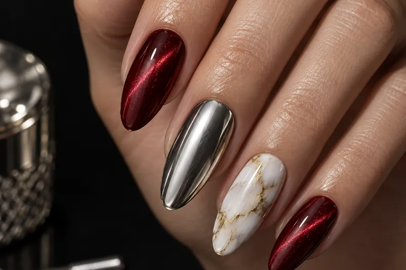 Macro de cinq ongles amande alternant chrome argent, cat eye bordeaux et marbre blanc veiné d'or, main posée sur fond encre uni, lumière de studio nette.