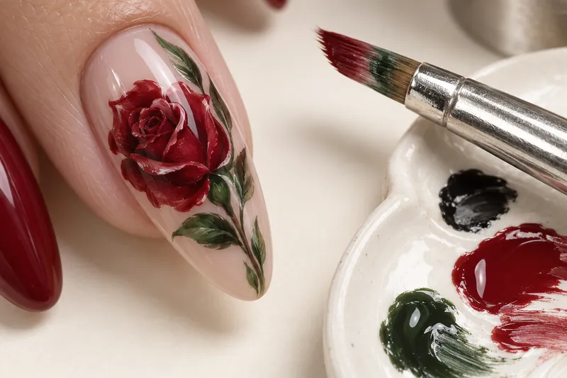 Macro d'un ongle long amande peint d'une rose rouge en one stroke avec feuillage vert, pinceau one stroke posé à côté sur une palette, fond ivoire uni, lumière douce latérale.