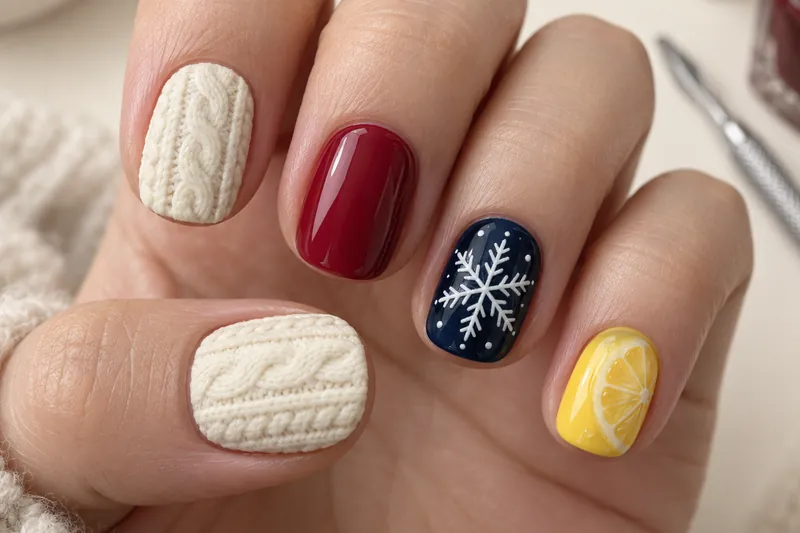 Macro de cinq ongles courts : deux en effet pull crème mat, un rouge laqué, un flocon blanc sur fond bleu nuit et un citron jaune, fond ivoire uni, lumière douce.