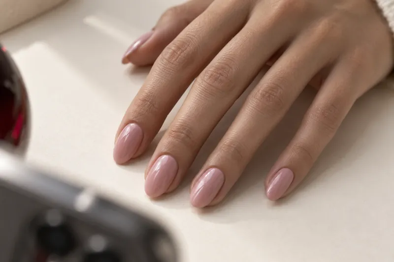 Macro d'une main aux ongles en amande vernis rose poudré posée sur un fond en carton ivoire, lumière de fenêtre latérale douce, smartphone flou au premier plan, sans visage.