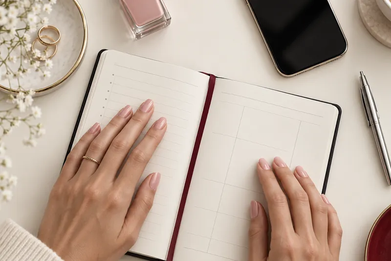 Plan zénithal d'un carnet de rendez-vous ouvert à côté d'un smartphone et d'un flacon de vernis rose poudré sur une table ivoire, mains aux ongles soignés posées sur le carnet, sans visage, lumière douce.