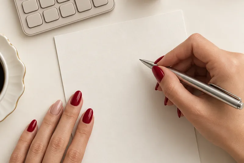 Plan zénithal d'une carte de prestations vierge sur une table ivoire, à côté d'une calculatrice, d'un flacon de vernis nude et d'une main aux ongles soignés tenant un stylo, sans visage, sans texte lisible, lumière douce.