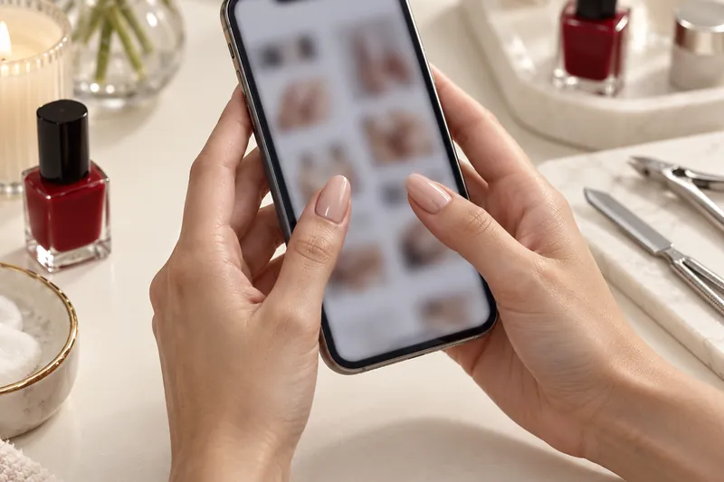 Macro de deux mains aux ongles nude brillants tenant un smartphone au-dessus d'une table de manucure ivoire, écran flou, flacons de vernis en arrière-plan, lumière douce.