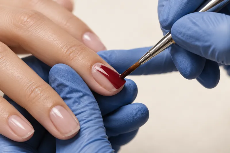Macro de deux mains gantées de nitrile bleu tenant un pinceau à gel au-dessus d'un ongle naturel, marge nette entre le produit et la peau, fond uni clair, lumière douce, aucun visage, aucun texte