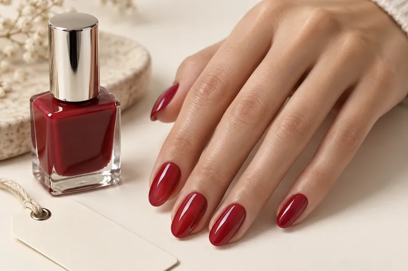 Macro d'une main aux ongles gel rouge profond posée à côté d'une petite étiquette de prix vierge retournée et d'un flacon de gel, fond uni crème, lumière latérale chaude, aucun visage, aucun texte lisible