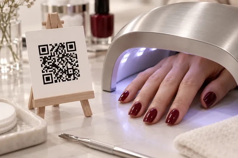 Macro d'un petit chevalet en bois clair avec un QR code imprimé posé sur une table de pose, à côté d'une main aux ongles semi-permanent bordeaux qui sèche sous une lampe LED, fond flou, aucun visage, aucun texte lisible