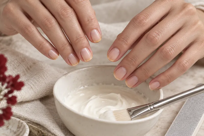 Macro de mains aux ongles naturels courts, légèrement jaunis à l'extrémité, posées au-dessus d'un bol en céramique blanche avec une pâte blanche et une brosse souple, un polissoir fin à côté, fond lin clair, lumière douce, sans visage, sans marque