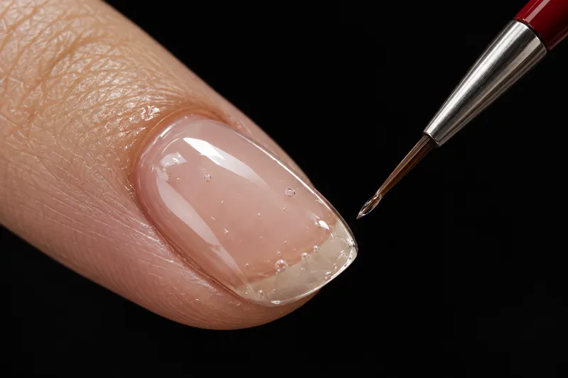 Macro très rapprochée d'un ongle recouvert de gel transparent fraîchement posé, quelques micro-bulles visibles en surface sous une lumière rasante, pinceau fin en approche, fond uni encre