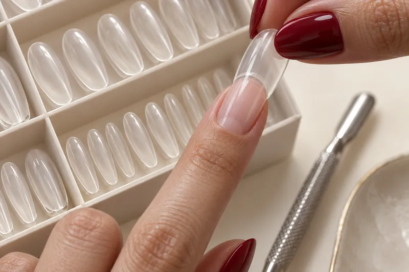 Macro d'un éventail de capsules d'ongles transparentes et naturelles rangées par taille dans une boîte à compartiments, une capsule posée sur un doigt en cours de pose, fond uni crème, lumière douce, aucune marque visible