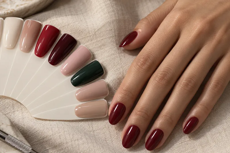 Macro d'un nuancier en éventail de capsules d'ongles peintes en nudes, rouges, bordeaux, rose poudré et vert sapin, une main aux ongles en gel bordeaux posée à côté, fond lin écru, lumière naturelle douce, sans visage, sans marque