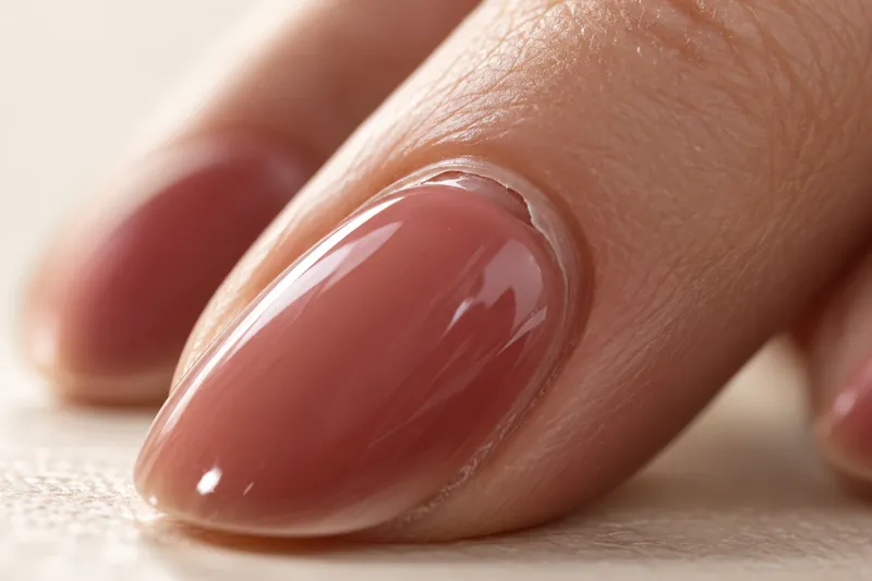Macro rasante d'un ongle naturel avec semi-permanent rose nude, léger soulèvement visible à la base près de la cuticule, reflet de lumière qui révèle la poche d'air, fond uni ivoire, aucun visage