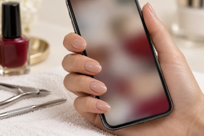 Macro d'une main aux ongles gel nude brillant tenant un smartphone dont l'écran est flou et illisible, posée sur une serviette de pose blanche, lumière naturelle douce, aucun visage