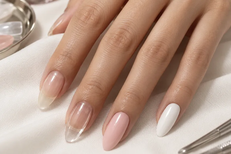 Macro de cinq ongles d'une main posés à plat sur un tissu blanc, chacun réalisé avec une technique différente de faux ongle (capsule naturelle, gel transparent, press-on rose pâle, polygel nude, résine blanche), lumière douce, fond crème uni, sans visage, sans marque