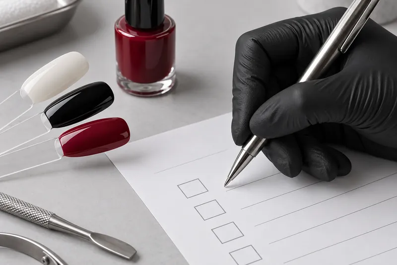 Macro d'une main gantée de nitrile noir qui tient un stylo au-dessus d'une fiche papier vierge à cases, à côté d'un nuancier de vernis et d'un flacon de gel, fond uni gris clair, aucun visage, aucun texte lisible
