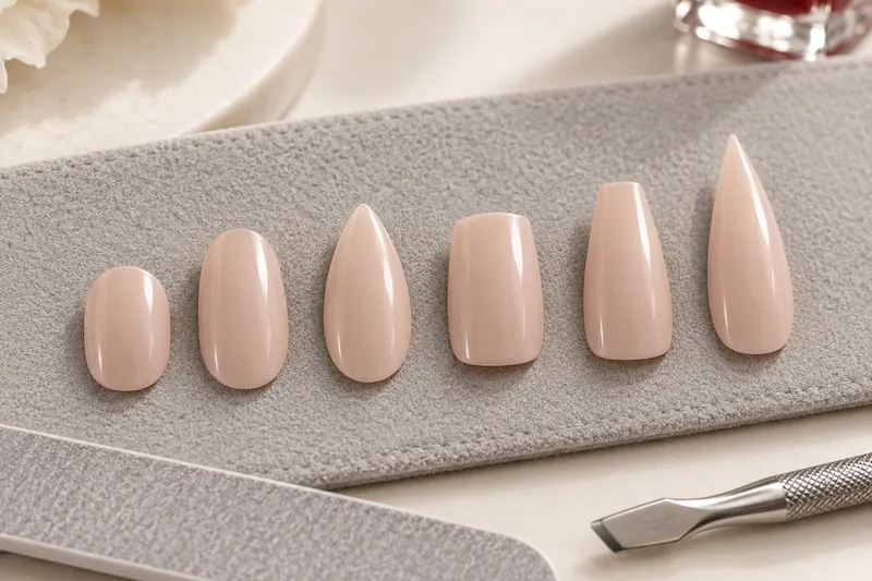 Macro de six capsules d'ongles nude alignées sur un tapis de travail gris clair, chacune limée dans une forme différente, ronde, ovale, amande, carrée, coffin et stiletto, une lime posée à côté, lumière de studio douce, aucun visage