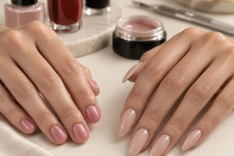 Photo macro sur fond uni ivoire de deux mains côte à côte, l'une aux ongles courts en semi-permanent rose poudré, l'autre aux ongles allongés en gel nude en amande, flacons et pot de gel flous à l'arrière-plan, sans visage