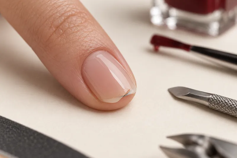 Macro d'une main gantée de nitrile tenant une lime fine au-dessus d'un ongle naturel nu et propre, après dépose, plan de travail clair et désinfecté, lumière nette, aucun visage, aucun texte, aucune lésion visible