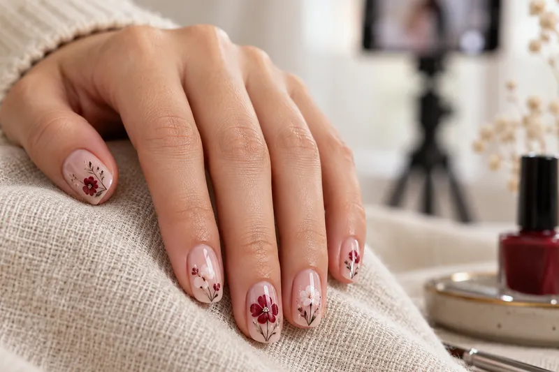 Macro d'une main aux ongles nail art floral pastel posée sur un tissu en lin, un smartphone sur trépied flou en arrière-plan, lumière de fenêtre douce, aucun visage, aucun écran lisible