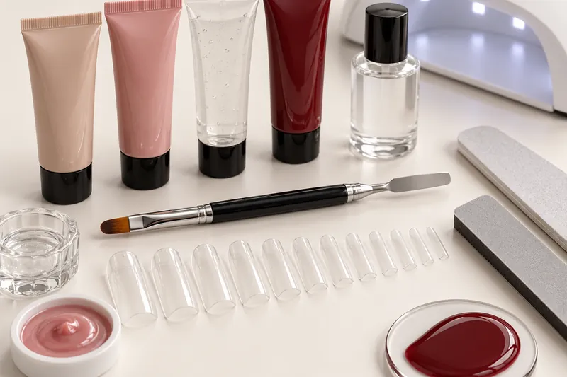 Vue de dessus en macro d'un kit polygel ouvert sur une table blanche : tubes sans étiquette en nude, rose et transparent, pinceau double avec spatule, popits rangés par taille, petit flacon de liquide, limes, lampe compacte en arrière-plan flou, aucune marque visible