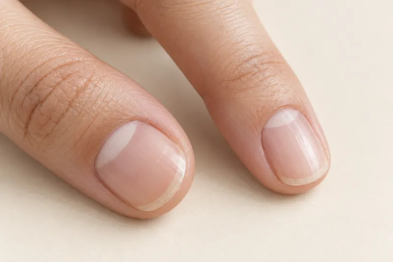 Macro d'un pouce et d'un index au repos sur fond uni crème, ongles naturels courts sans vernis, lunules blanches nettement visibles à la base, cuticules propres, lumière douce, aucun visage, aucun texte