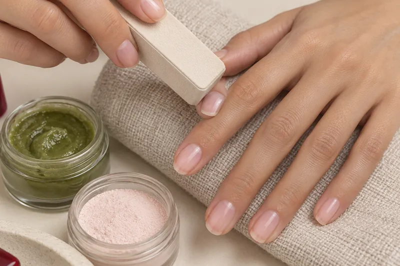 Macro de mains posées sur une serviette lin, un polissoir rectangulaire gainé de peau claire frotte un ongle naturel brillant, deux petits pots ouverts de pâte verte et de poudre rose pâle à côté, fond beige uni, sans visage, sans marque