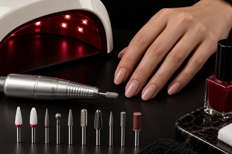 Photo macro sur fond uni encre d'une lampe LED pour ongles, d'une pièce à main de ponceuse et d'une rangée d'embouts en céramique, carbure et diamant alignés, une main aux ongles nude posée à côté, sans visage
