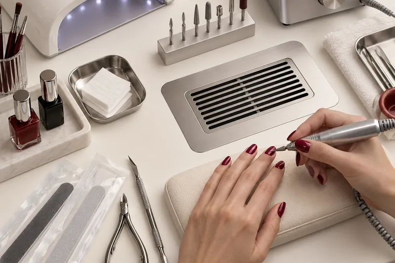 Macro en plongée d'un poste de pose professionnel rangé : ponceuse et sa pièce à main, embouts alignés sur un support, lampe LED, aspirateur de table intégré, limes en sachets, fond clair, aucun visage, aucune marque visible