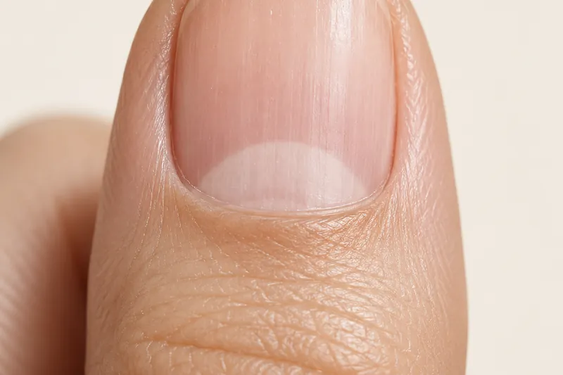 Macro de la base d'un ongle naturel de pouce, cuticule et repli de peau nets, lunule blanchâtre bien visible, ongle court sans vernis, fond uni beige, lumière douce rasante, aucun visage, aucun texte