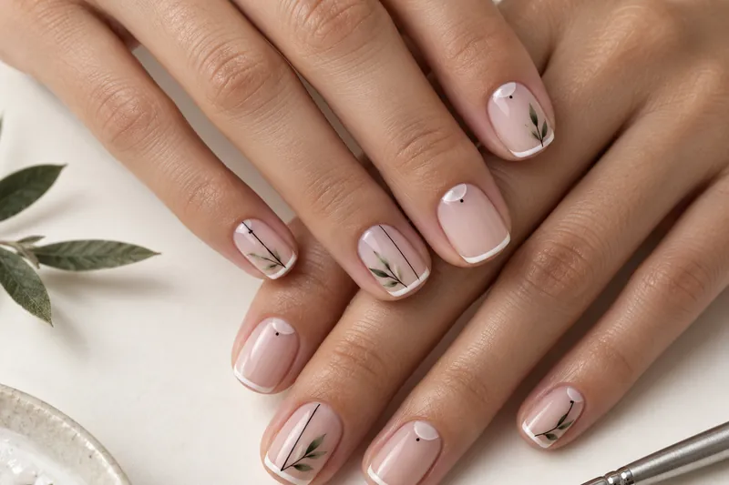 Macro d'ongles courts carrés arrondis en nude laiteux décorés de fines lignes noires, d'une micro-french blanche, d'une demi-lune et de petites feuilles vertes, un pinceau liner très fin posé à côté, fond papier blanc, sans visage, sans marque