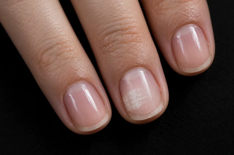 Macro de deux ongles naturels nus côte à côte sur fond uni gris perle, l'un rose et translucide, l'autre légèrement opaque et blanc laiteux au bout, lumière douce diffuse, aucun visage, aucun texte