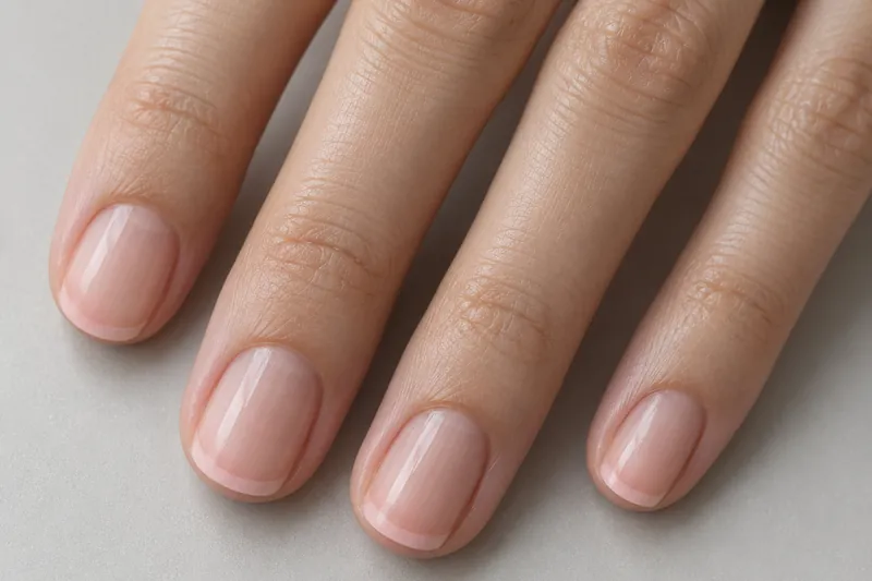 Macro de quatre ongles naturels courts et nus d'une main posée à plat sur fond uni gris perle, ongles pâles avec une fine bande rosée au bout, lumière douce du jour, aucun visage, aucun texte