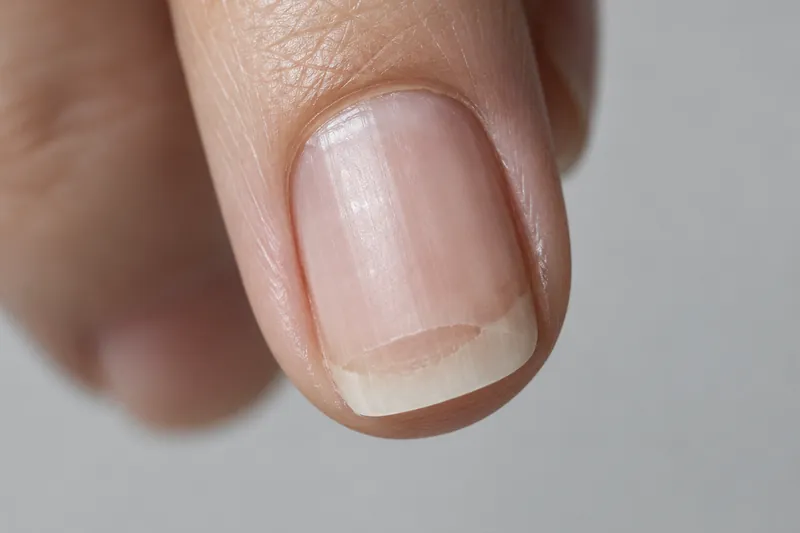 Macro d'un ongle naturel court d'annulaire dont le bord libre blanchi montre un décollement régulier, ongle propre sans vernis, fond uni gris clair, lumière douce latérale, aucun visage, aucun texte