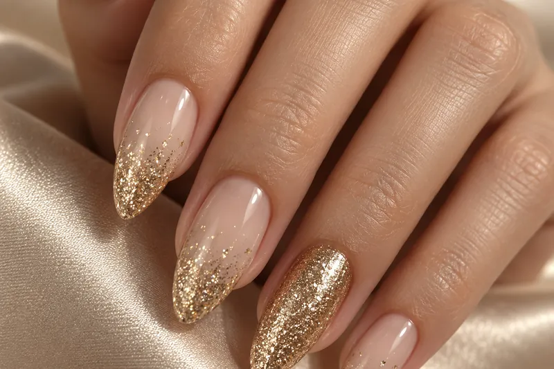 Macro de cinq ongles en gel en amande, dégradé de paillettes dorées fines de la pointe vers la base sur fond nude laiteux, un ongle entièrement pailleté, reflets lumineux, fond satin champagne uni, sans visage, sans marque