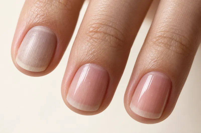 Macro de trois ongles naturels courts et nus sur fond uni blanc cassé, l'un légèrement terne et grisé en surface, les autres roses et brillants, lumière douce du jour, aucun visage, aucun texte