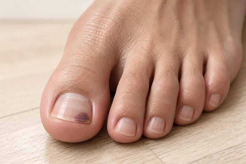 Macro d'un pied nu posé sur un parquet clair, ongle du gros orteil court sans vernis avec une tache sombre violacée près du bord libre, lumière douce naturelle, fond uni, aucun visage, aucun texte