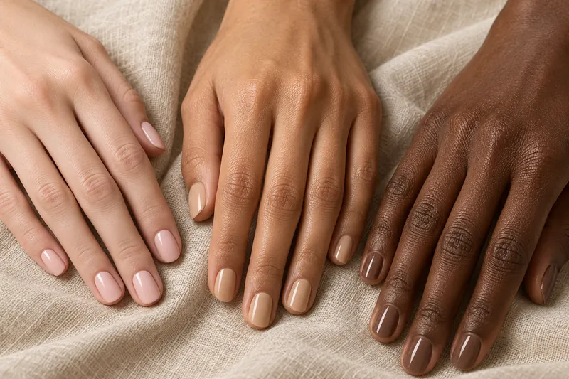 Macro de trois mains de carnations différentes posées côte à côte sur un lin écru, ongles ovales courts en semi-permanent nude assortis à chaque peau, rose poudré, beige doré et mocha, lumière naturelle douce, aucun visage