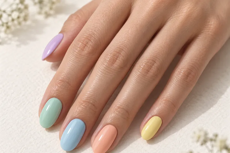 Macro d'une main posée à plat sur un papier blanc texturé, cinq ongles ovales en semi-permanent pastel différents, lilas, menthe, bleu ciel, pêche et jaune beurre, finition brillante, lumière naturelle douce du matin, aucun visage