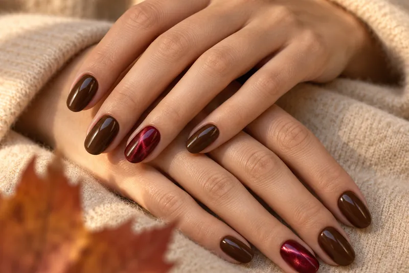 Macro de deux mains croisées sur un tissu en laine beige, ongles ovales en semi-permanent brun chocolat brillant et un ongle effet cat eye bordeaux, une feuille d'érable séchée floue au premier plan, lumière dorée de fin d'après-midi, aucun visage