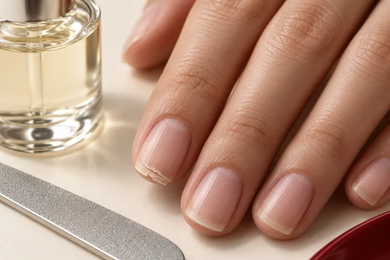 Macro de quatre ongles naturels courts, secs, au bord libre légèrement fendu sur l'un d'eux, main posée sur une serviette en lin écru, gants en coton pliés à côté, lumière naturelle, aucun visage, aucun texte