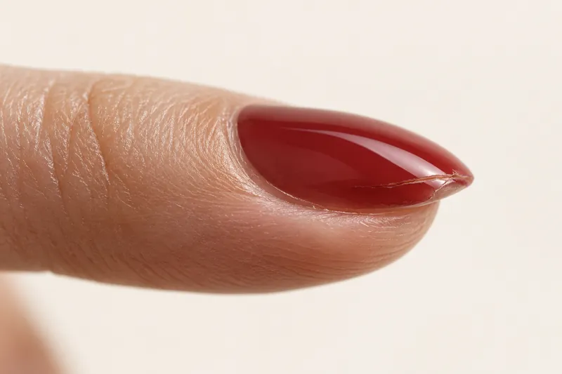 Macro de profil d'un ongle en gel avec une fine fissure transversale au niveau de la zone de stress, là où l'ongle quitte le lit, lumière rasante qui fait ressortir la ligne, fond uni ivoire, aucun visage